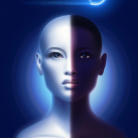create a futuristic face which o is half human and half robot to portray an AI