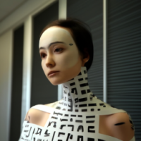 create a futuristic face which o is half human and half robot to portray an AI